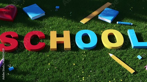 School supplies on green grass with colorful 3D text  educational concept
