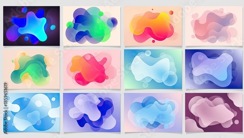 Collection of twelve abstract vibrant fluid gradient shapes for modern backgrounds