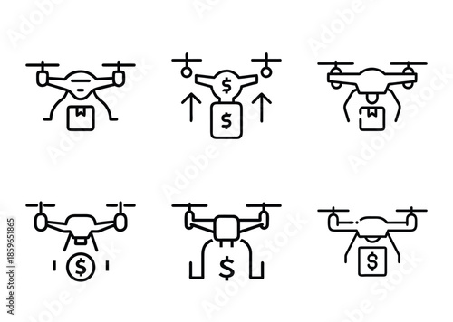 Drone Technology and Financial Services Icons Set for Various Applications, Services, and Solutions