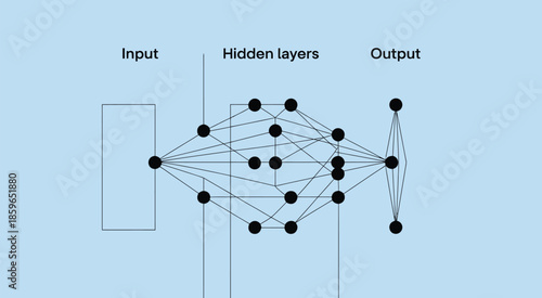 neural network diagram for artificial intelligence and deep learning, visual representation of Ai model architecture, data flow, machine learning processes, and modern computational technology concept