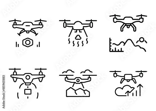 Set of drone icons representing various applications and uses for drones
