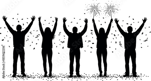 Silhouette of five people celebrating with raised arms and fireworks on isolated