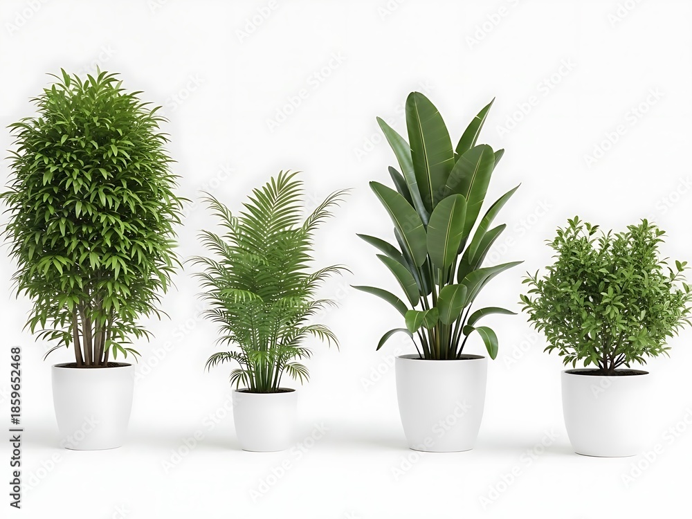 Fototapeta premium Four Green Potted Plants Against White Background green plants white pots indoor plants