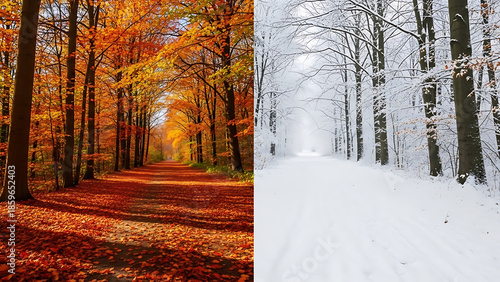 Concept of seasonal change with autumn leaves and winter snow