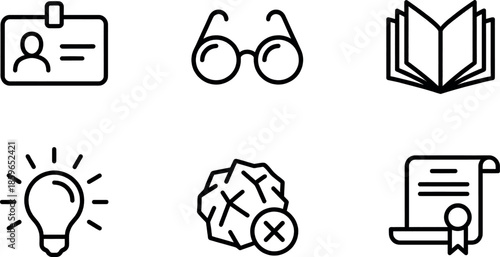 A set of various line icons including an identification card, glasses, book, light bulb, puzzle pieces, and certificate on a