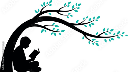 Silhouette of a person sitting under a tree reading a book in a peaceful outdoor setting with green leaves