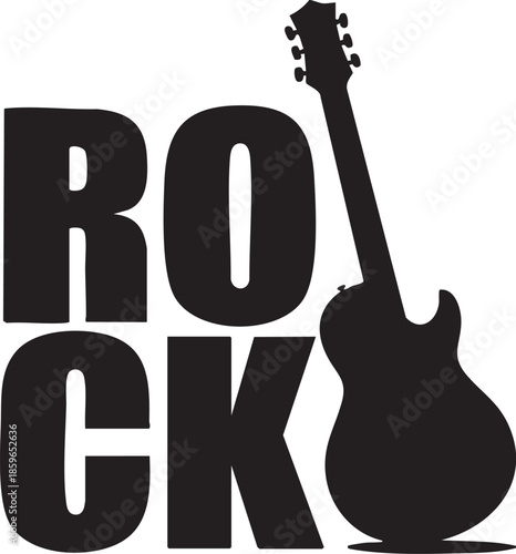 Rock music symbol with guitar silhouette and bold text, music concept, rock and roll icon with electric guitar