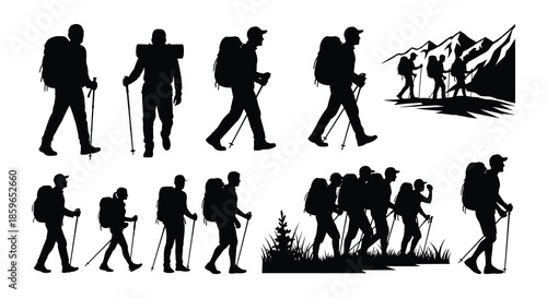 Silhouettes of hikers walking with backpacks in mountainous landscapes