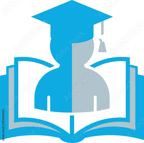 Graduate student wearing graduation cap and sitting with books, symbolizing education and learning