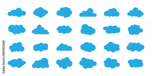 Blue fluffy cloud silhouette. Minimalist clouds set. Abstract vector Blue cloud silhouette collection in cute flat cartoon style for web background. Blue cloud collection. Cloud icon vector set