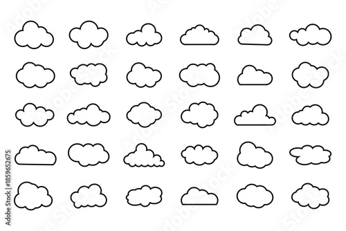 Blue fluffy cloud silhouette. Minimalist clouds set. Abstract vector Blue cloud silhouette collection in cute flat cartoon style for web background. Blue cloud collection. Cloud icon vector set