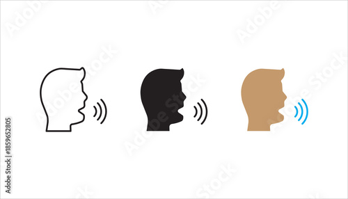 thin line head like voice command icon set, concept of girl or boy singing or speaking and control technology.