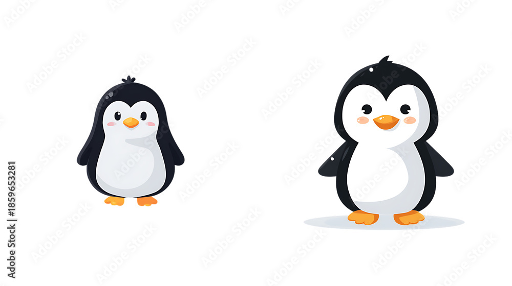Naklejka premium Two cute cartoon penguins standing on transparent background looking happy and friendly