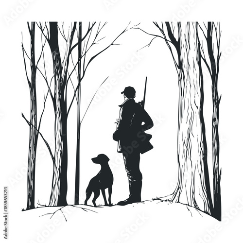 Hunter with dog in tranquil forest setting ready for adventure. Vector illustration