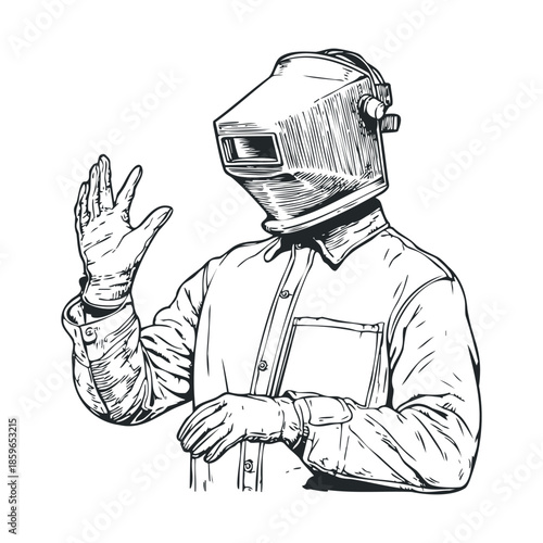 Welder in protective gear signaling at a work site. Vector illustration