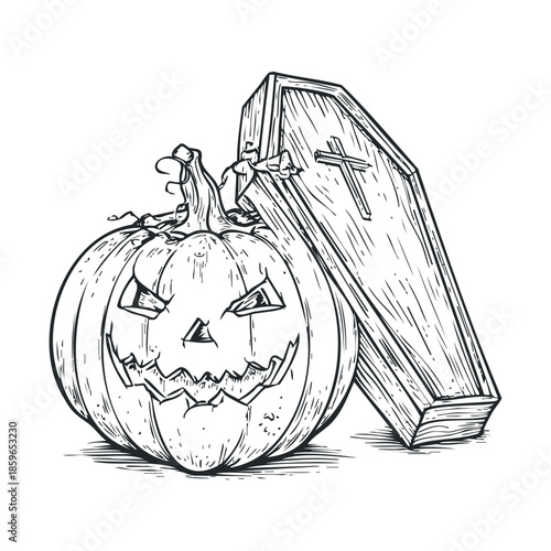 Halloween pumpkin and coffin illustration for seasonal decor. Vector illustration