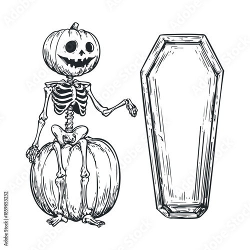 Halloween skeleton sitting on pumpkin next to an empty coffin. Vector illustration