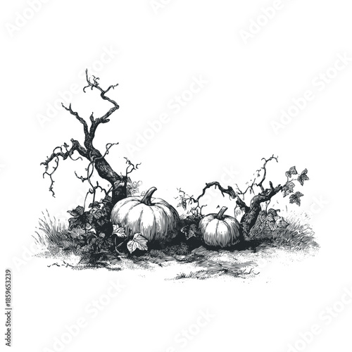 Harvest scene with pumpkins and vines in rustic farm setting. Vector illustration