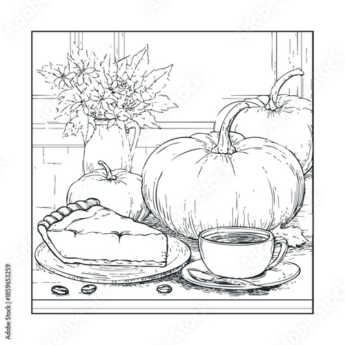 Warm autumn gathering with pumpkin pie and coffee. Vector illustration