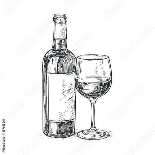 Wine bottle and glass for elegant dinner setting and occasions. Vector illustration