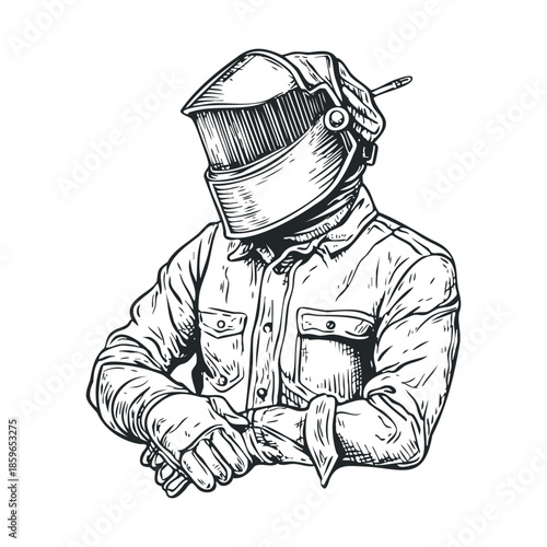Welder preparing for work with protective gear and clothing. Vector illustration