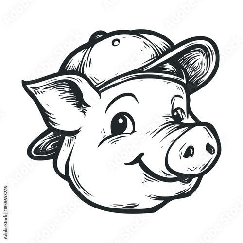 Happy pig wearing a cap in a cheerful cartoon style. Vector illustration
