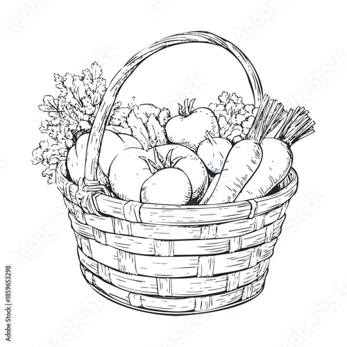 Fresh harvest basket with assorted vegetables for healthy meals. Vector illustration