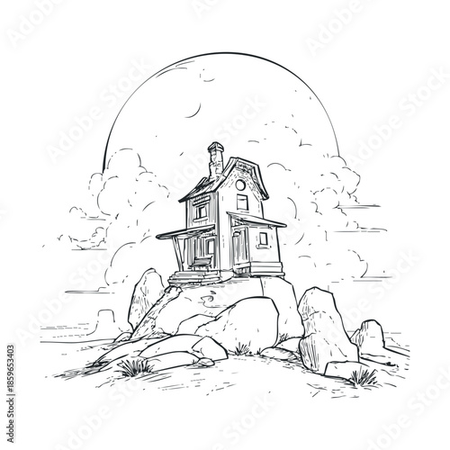 Sunny hillside house on rocky terrain with clouds in the background. Vector illustration