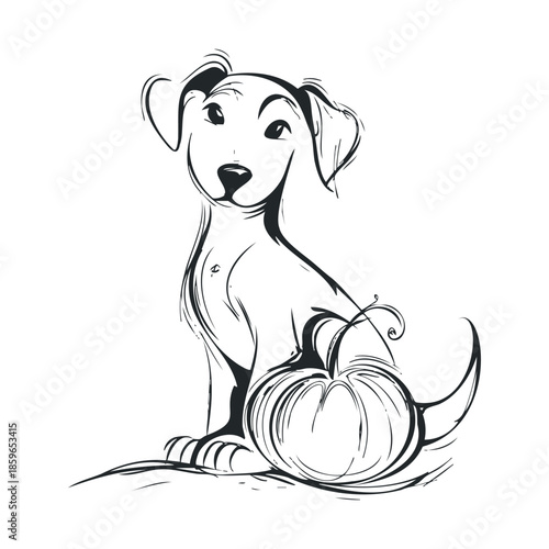 Playful dog with a pumpkin during autumn season fun activities. Vector illustration