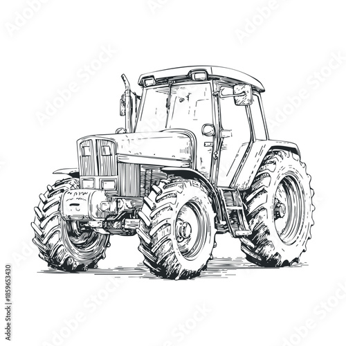 Detailed sketch of a classic agricultural tractor. Vector illustration