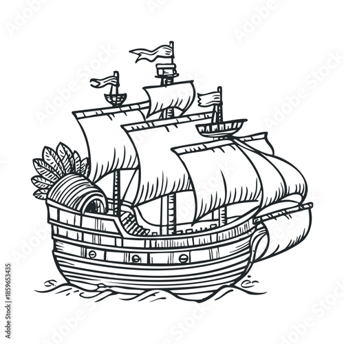 Classic sailing ship design featuring multiple sails and flags. Vector illustration