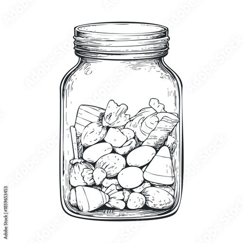 Collection of assorted candy in a clear glass jar on a kitchen counter. Vector illustration