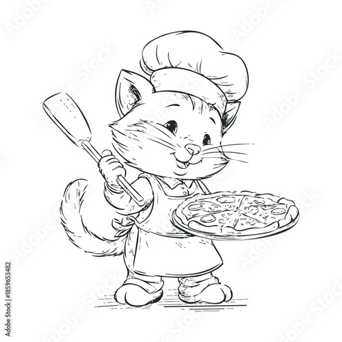 Adorable cartoon cat in chef outfit holding a pizza. Vector illustration