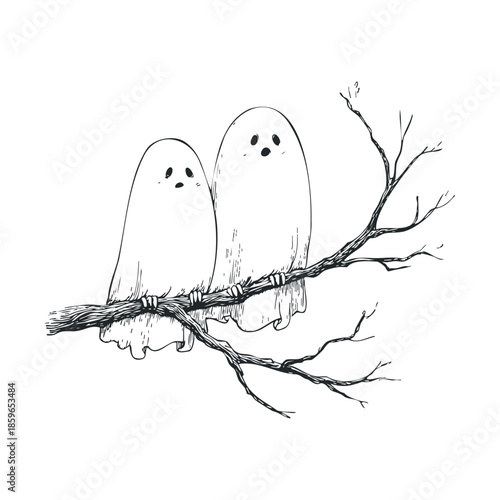 Two friendly ghosts sitting on a branch in autumn setting. Vector illustration
