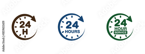 24 hour service icon flat vector illustration on white background, representing round-the-clock order execution, delivery, and customer service operations.