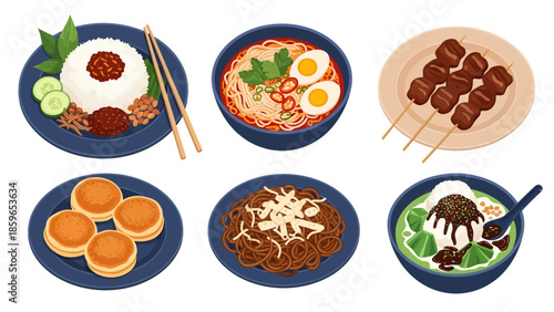 Vector set of Southeast Asian food featuring nasi lemak, satay, spicy laksa, fried noodles, serabi cakes, and cendol, designed for Asian restaurant menus and culinary web projects