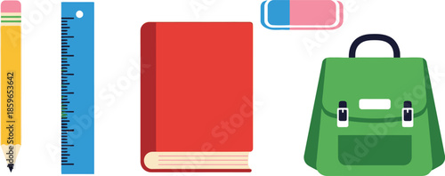 Flat vector set of 5 school supplies pencil ruler book eraser and bag