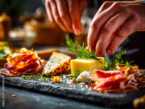 Chef garnishing a cheese and charcuterie platter with fresh herbs on a slate board
