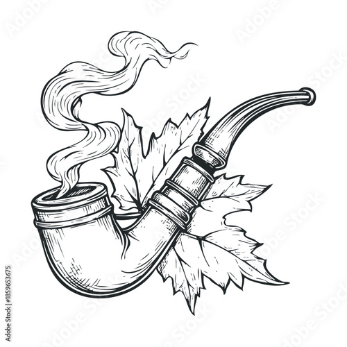 Classic smoking pipe with smoke and autumn leaves design. Vector illustration