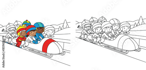 Coloring book page for kids with a team of children pushing a bobsled on a snowy track vector illustration