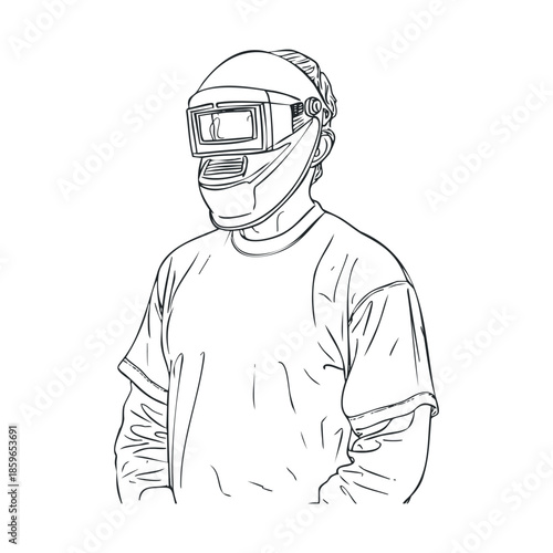 Welder wearing protective gear in a workshop environment during day. Vector illustration