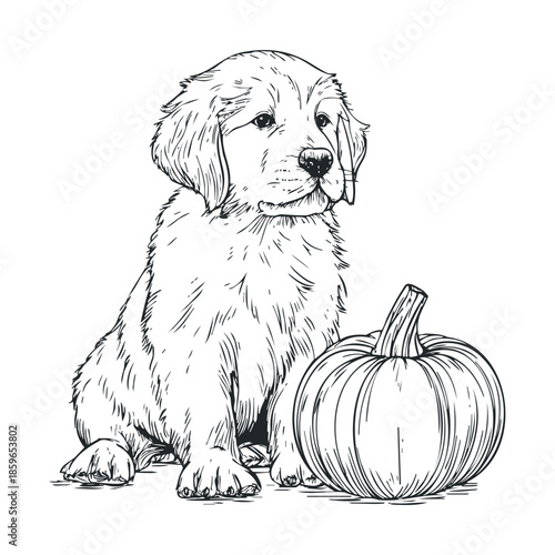 Golden retriever puppy sitting next to pumpkin in autumn setting. Vector illustration