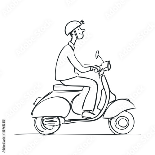 Man riding a scooter through a city street in a carefree manner. Vector illustration
