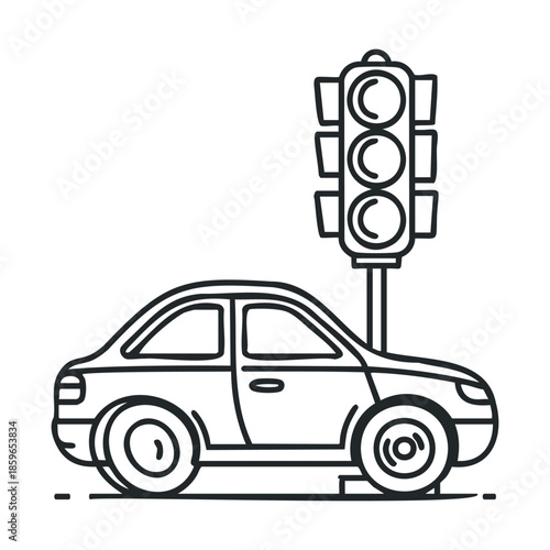 Car at traffic light waiting for green signal during daytime. Vector illustration