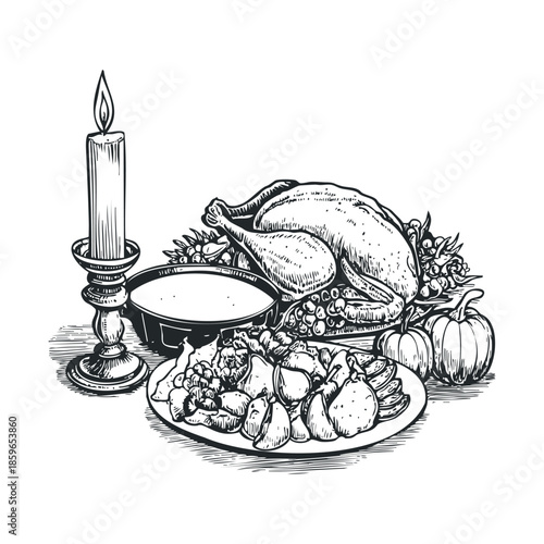 Thanksgiving dinner with roasted turkey and candlelight setting. Vector illustration
