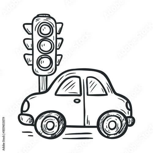 Car waiting at traffic light in urban setting during daytime. Vector illustration
