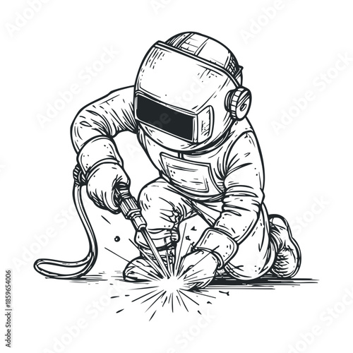 Welder working on metal construction project in industrial setting. Vector illustration