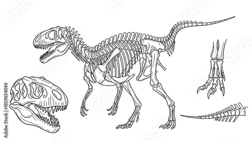 Dinosaur Skeleton Illustration: Tyrannosaurus Rex Skeleton with Detailed Fossil Anatomy and Bones