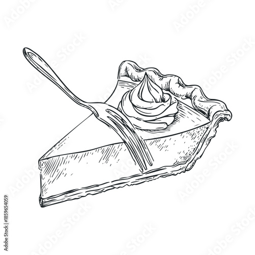 Delicious pie slice with cream and fork ready to enjoy. Vector illustration