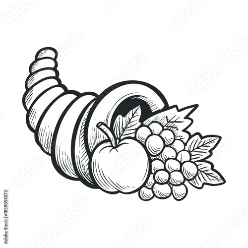 Cornucopia filled with apple and grapes for fall celebration. Vector illustration